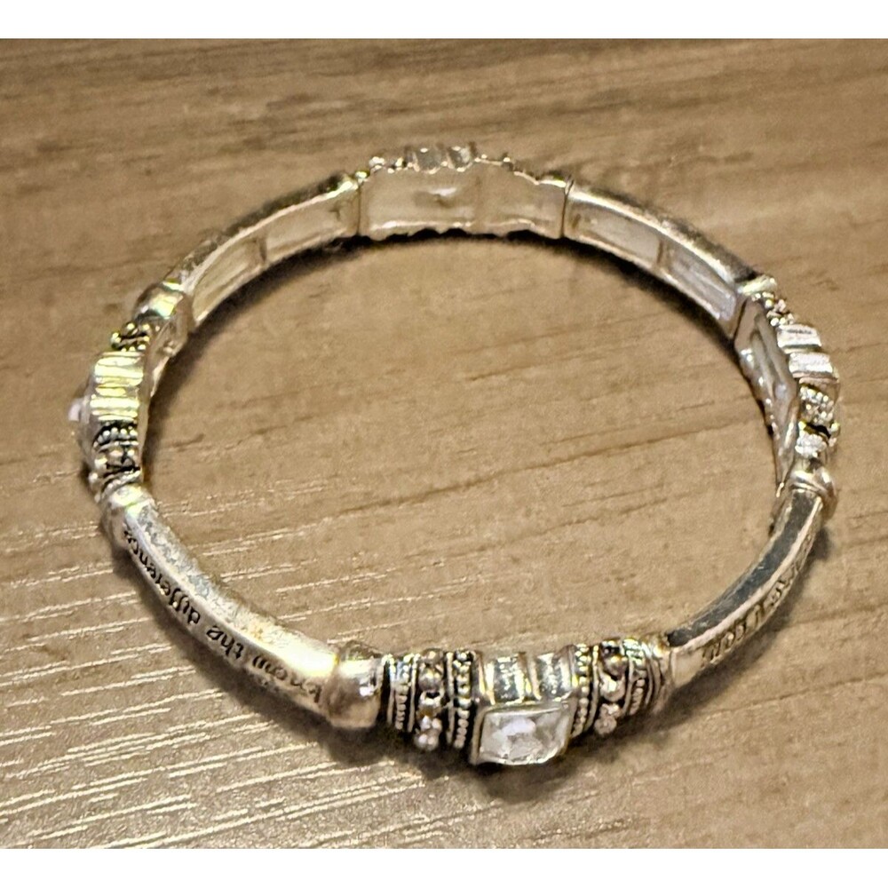 Vintage Silver Tone Stretch Bracelet Engraved Serenity Prayer Rhinestones